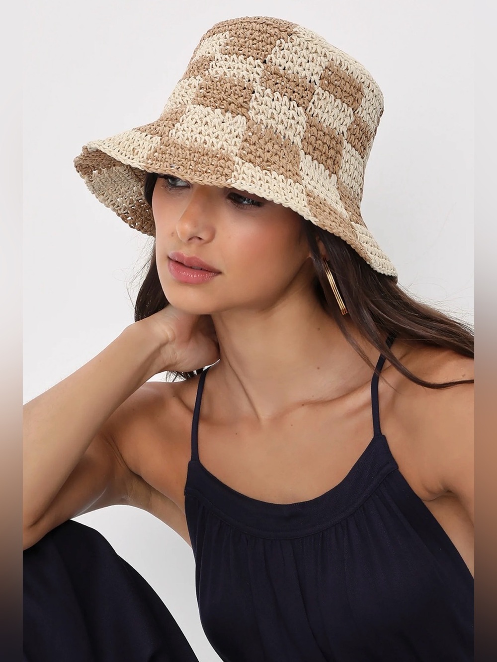 Woven Checkerboard Straw Bucket Hat - Beige & Cream. NWT